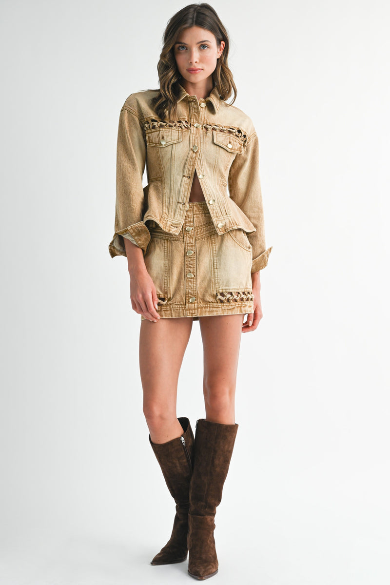 Braided Hem Button Down Denim Skirt