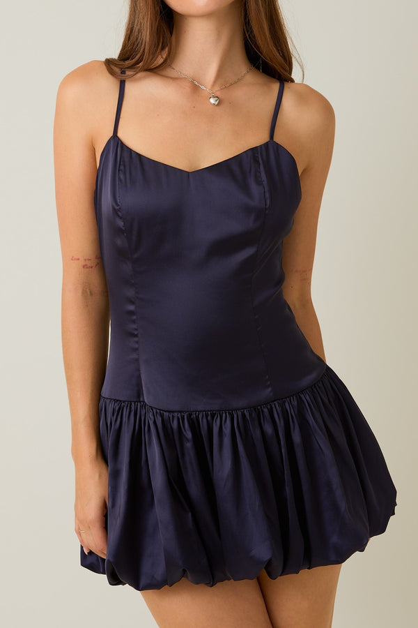 Sari Navy Satin Bubble Dress