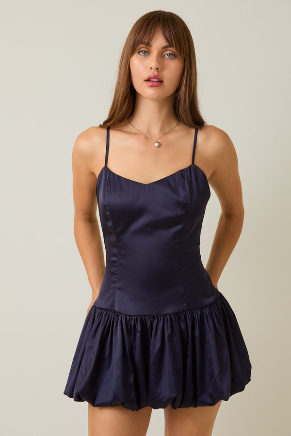 Sari Navy Satin Bubble Dress