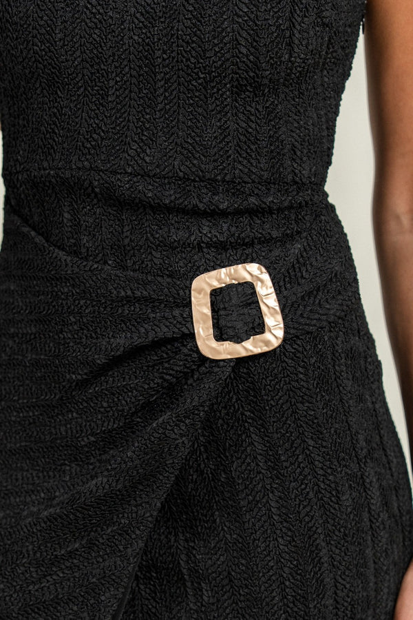 Linda Textured Knit W/ Trim Buckle Midi Dress