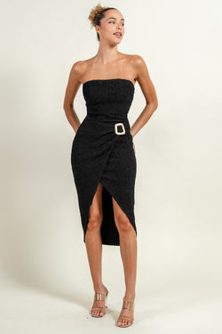 Linda Textured Knit W/ Trim Buckle Midi Dress