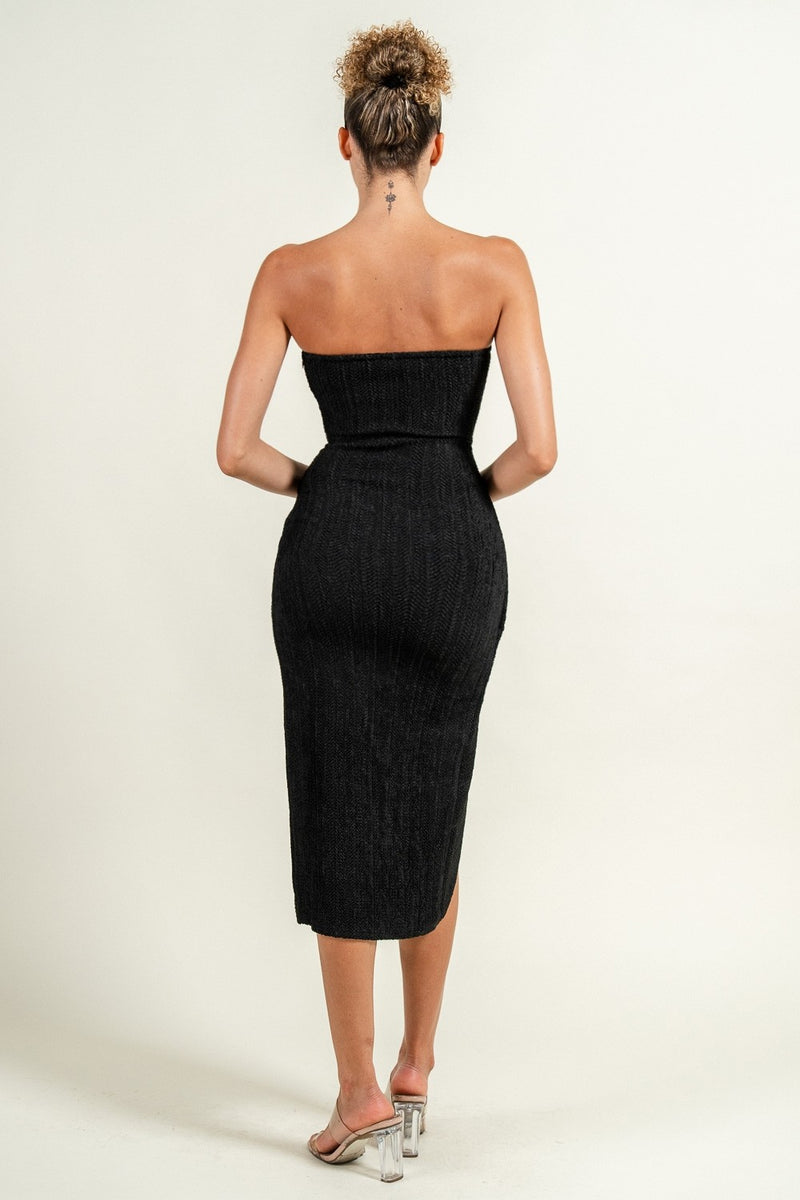 Linda Textured Knit W/ Trim Buckle Midi Dress