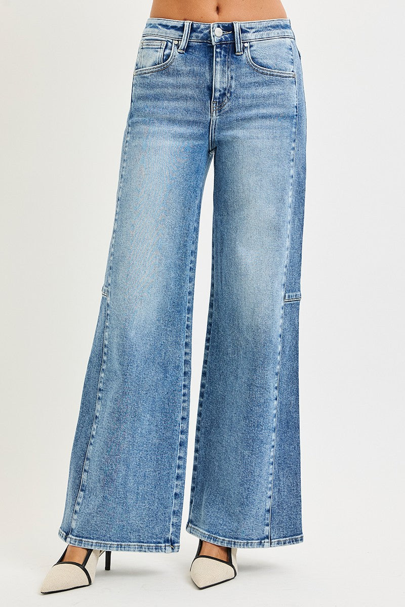 High Rise Wide Jeans With Contrast Side Wash