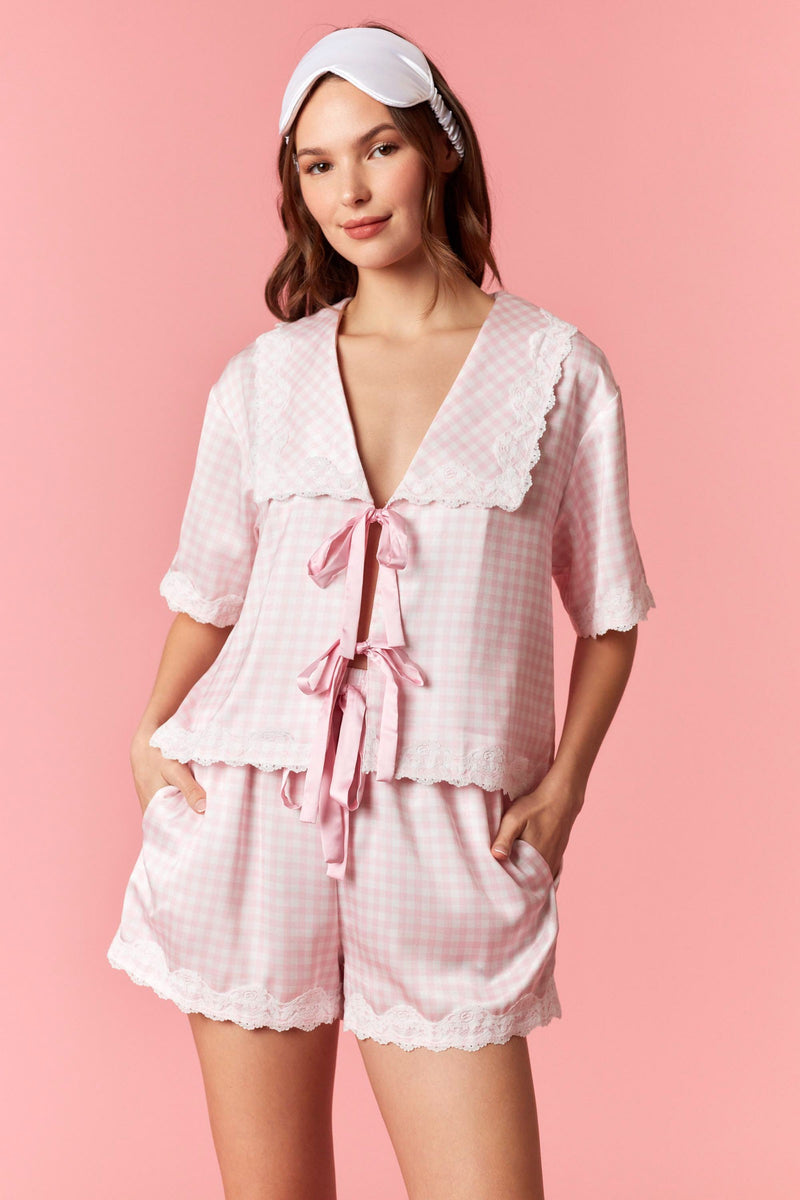 Gingham Printed Satin Lace Trim Set – Shop Seven