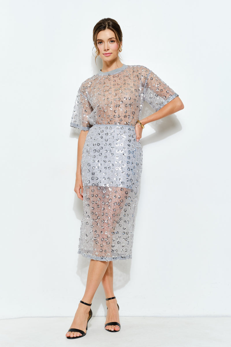 Floral Sequin Embroidered Mesh Midi Skirt