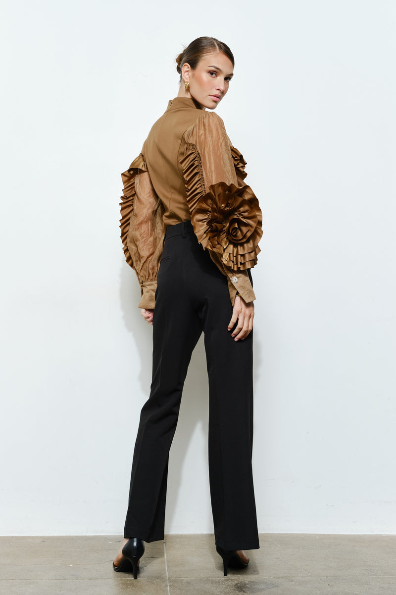Rosette Ruffle Sheer Sleeve Jersey Top