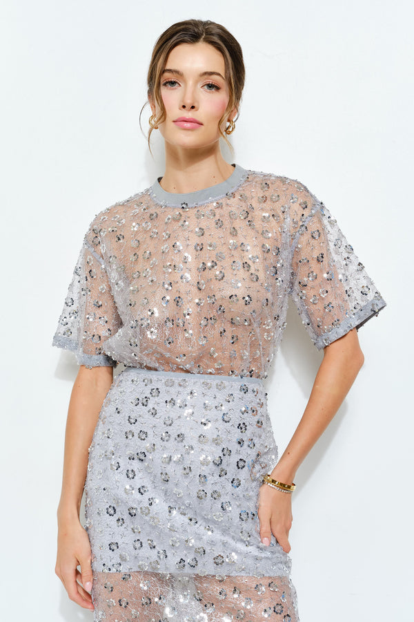 Short Sleeve See-through Floral Sequin Top