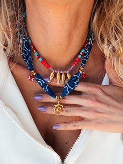 Blue Bandana Necklace Combined With Beaded Fish