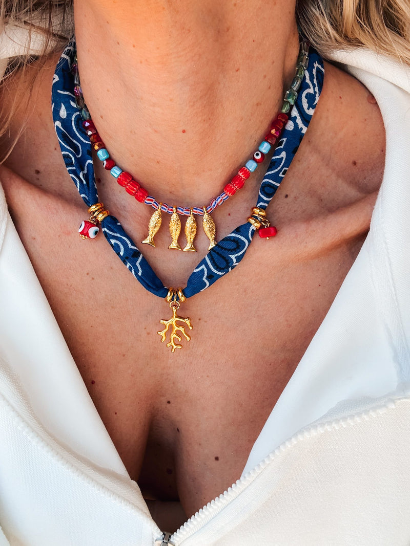 Blue Bandana Necklace Combined With Beaded Fish