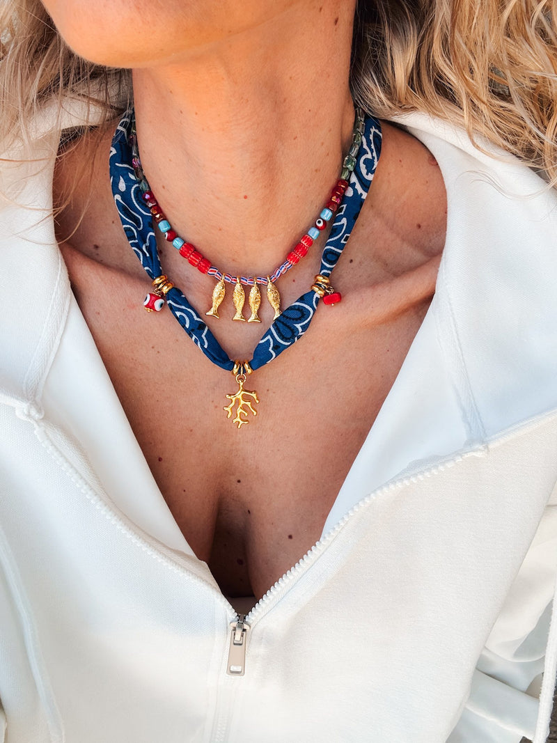 Blue Bandana Necklace Combined With Beaded Fish