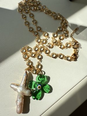 Pearl Cross Gold Chain Crystal Necklace
