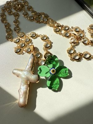 Pearl Cross Gold Chain Crystal Necklace