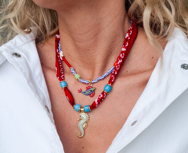Red Bandana Sea Horse Necklace