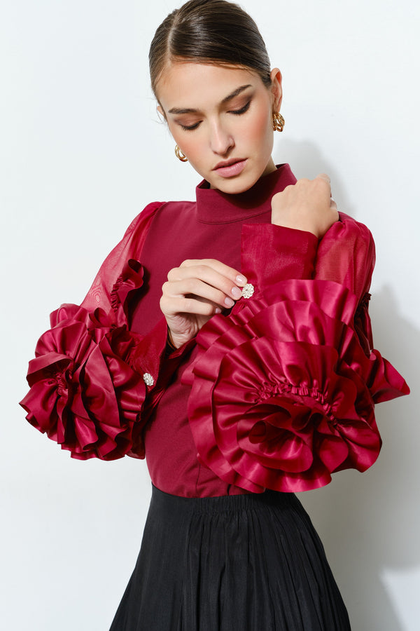 Rosette Ruffle Sheer Sleeve Jersey Top