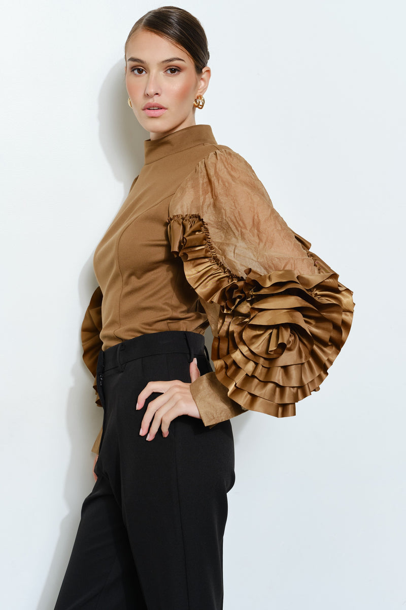 Rosette Ruffle Sheer Sleeve Jersey Top