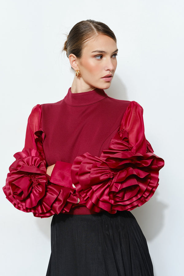 Rosette Ruffle Sheer Sleeve Jersey Top