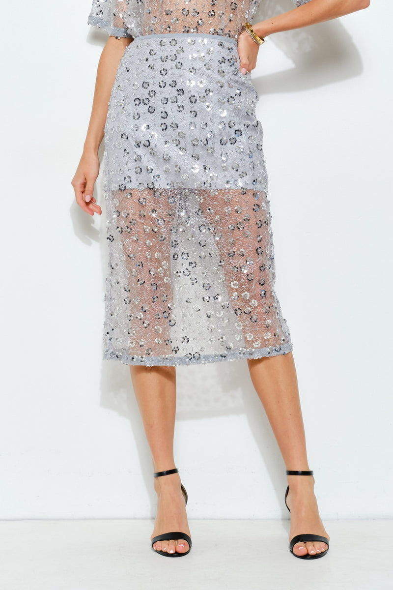 Floral Sequin Embroidered Mesh Midi Skirt